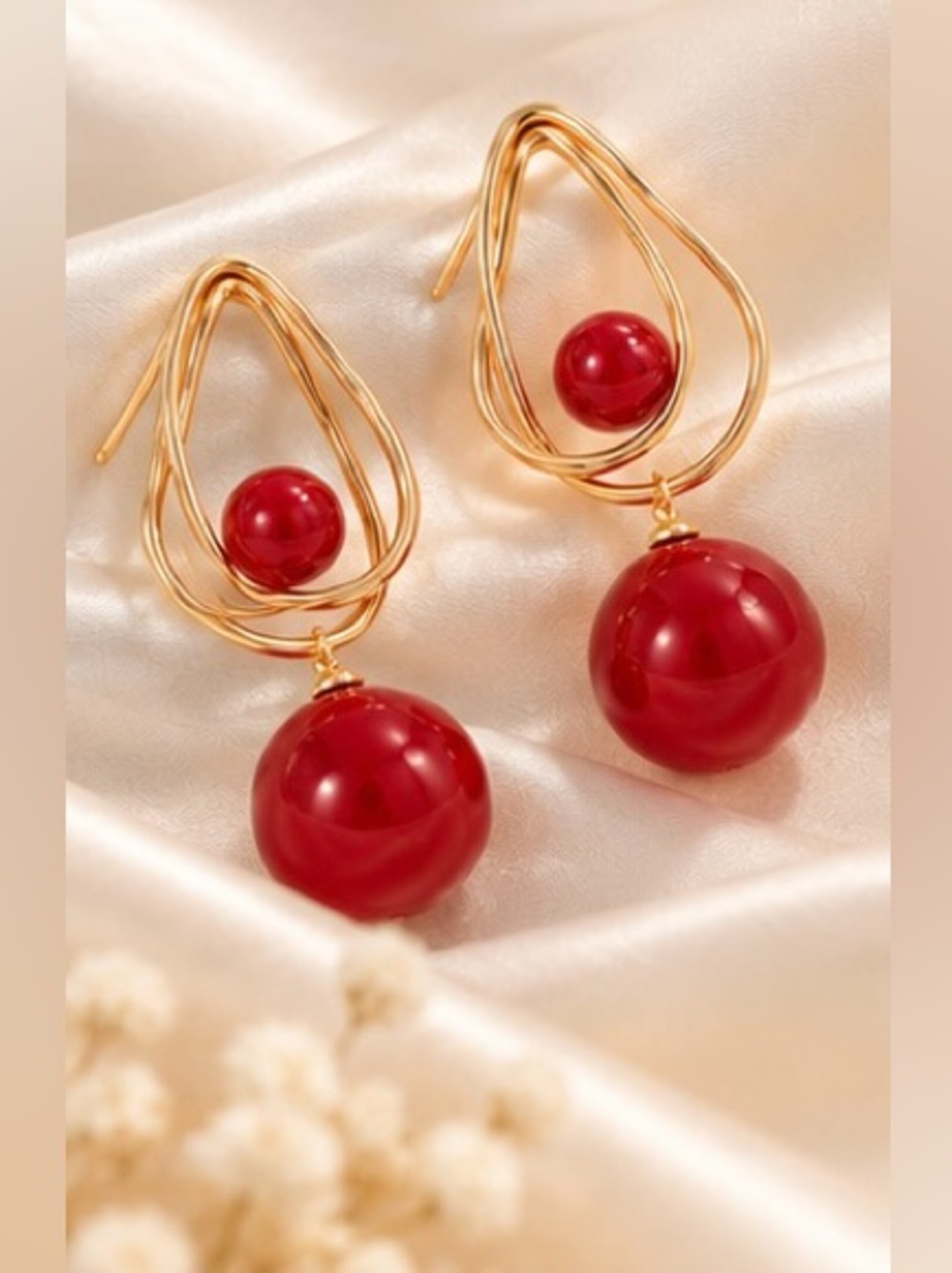Gold-Tone Red Bead Drop Statement Earrings